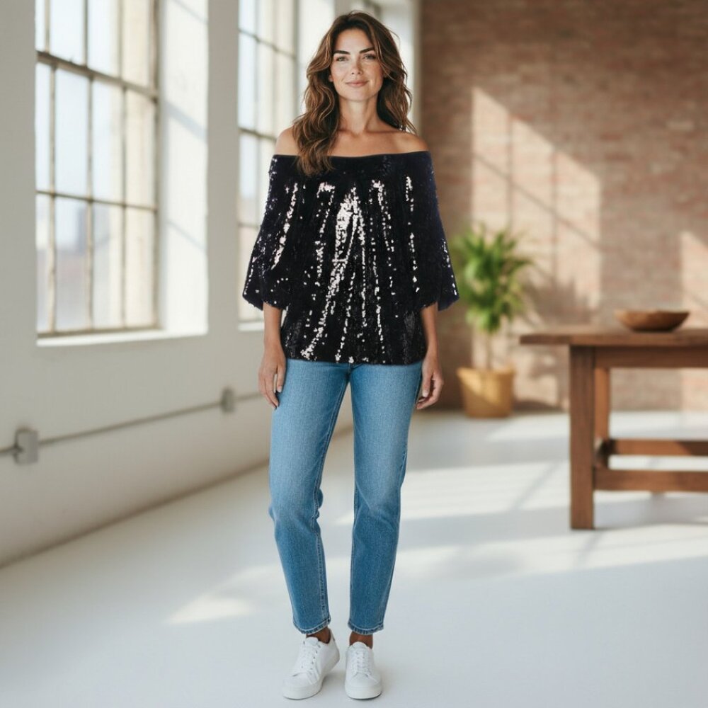 Designer Rachel Zoe Black Sequin Off the Shoulder Evening 3/4 Sleeve Blouse S